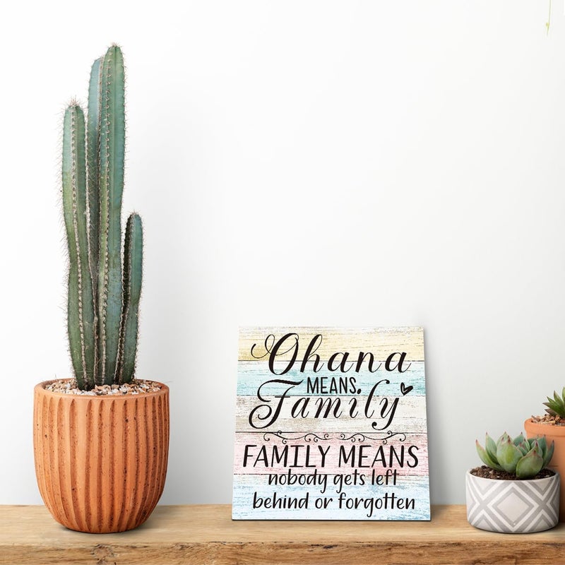 SUSZDOU Family Wooden Plaque, “Family Means Nobody Gets Left Behind or Forgotten”, 6.2x6.2 Inch Table Art Sign, Farmhouse Quote Decor for Living Room or Home Tabletop A - Image 5